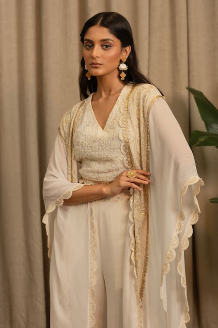 Buy_Vanshika Agarwal Label_Off White Georgette Embroidery, Sequins V-, Open Reva Jacket Pant Set _Online_at_Aza_Fashions