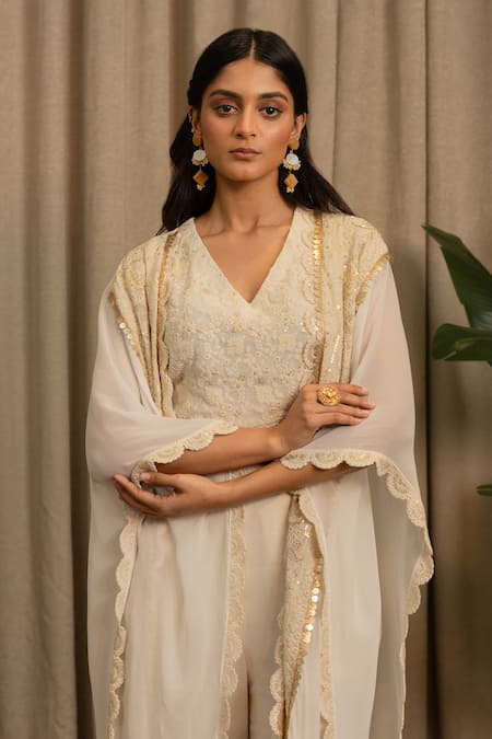 Shop_Vanshika Agarwal Label_Off White Georgette Embroidery, Sequins V-, Open Reva Jacket Pant Set _Online_at_Aza_Fashions