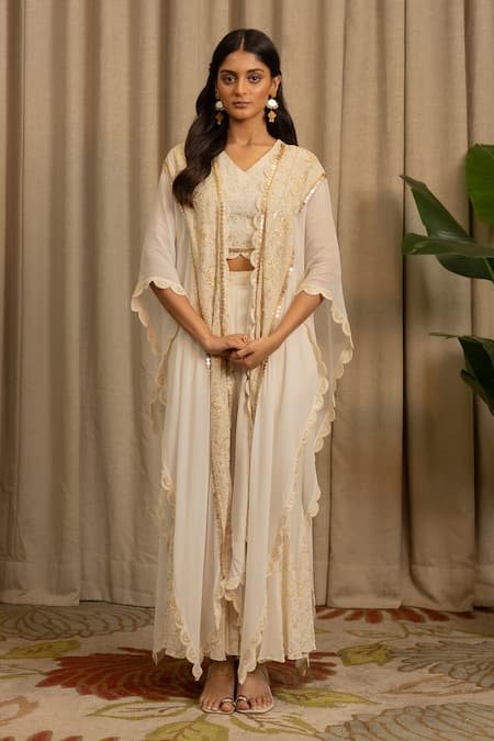 Vanshika Agarwal Label Off White Georgette Embroidery, Sequins V-neck, Reva Top, Pant And Jacket Set 
