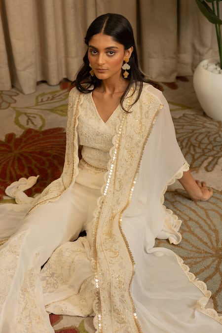 Vanshika Agarwal Label_Off White Georgette Embroidery, Sequins V-, Open Reva Jacket Pant Set _at_Aza_Fashions