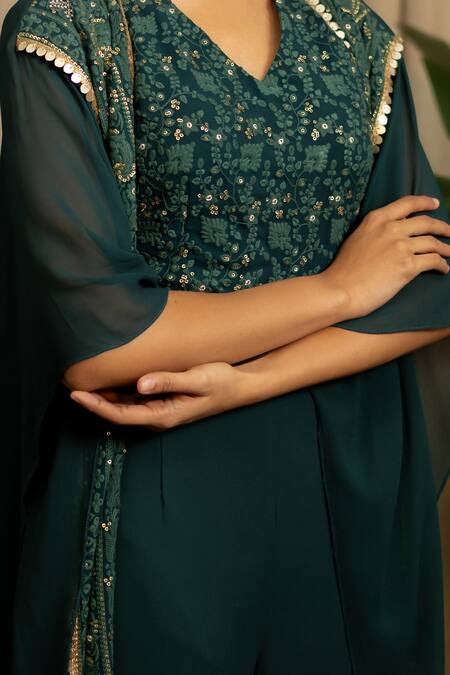 Shop_Vanshika Agarwal Label_Green Georgette Sequins, Embroidery, Zari V-, Open Reva Kaftan Set _Online_at_Aza_Fashions