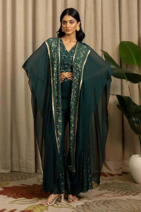 Vanshika Agarwal Label Green Georgette Sequins, Embroidery, Zari Reva Top, Pant And Kaftan Jacket Set 