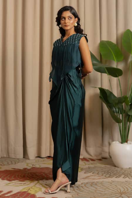 Vanshika Agarwal Label_Green Organza, Satin Embroidery, Applique Noa Overlay Top And Draped Skirt Set _Online_at_Aza_Fashions