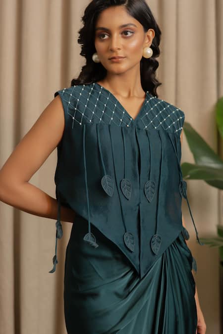 Buy_Vanshika Agarwal Label_Green Organza, Satin Embroidery, Applique Noa Overlay Top And Draped Skirt Set _Online_at_Aza_Fashions