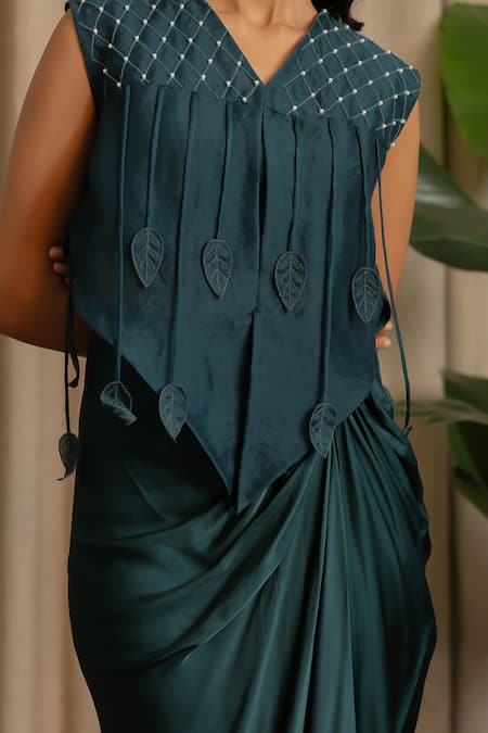 Vanshika Agarwal Label_Green Organza, Satin Embroidery, Applique Noa Overlay Top And Draped Skirt Set _at_Aza_Fashions