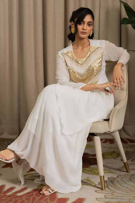 Vanshika Agarwal Label_White Georgette, Cotton Sequins, Embroidery Round Neck Evara Top Skirt Set _Online_at_Aza_Fashions