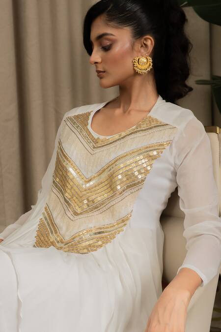 Buy_Vanshika Agarwal Label_White Georgette, Cotton Sequins, Embroidery Round Neck Evara Top Skirt Set _Online_at_Aza_Fashions