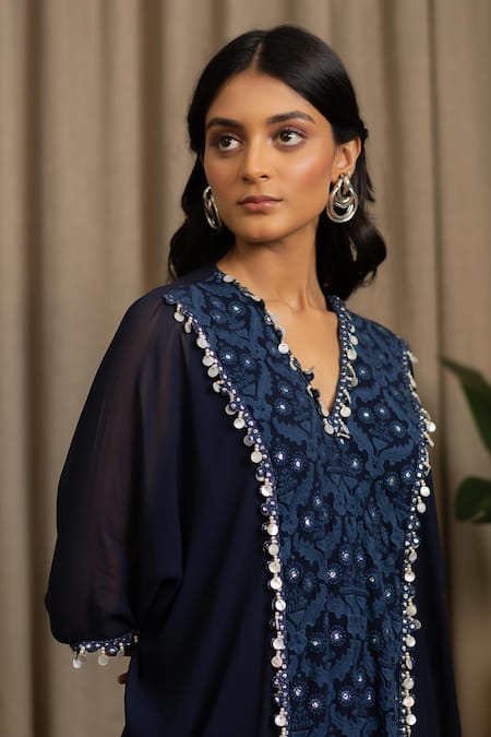 Vanshika Agarwal Label_Navy Georgette Embroidery, Sequins V-neck Zohra Kaftan _Online_at_Aza_Fashions