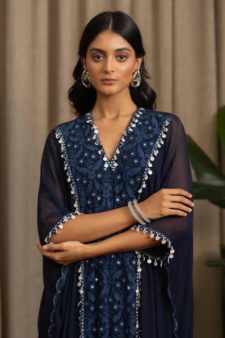 Buy_Vanshika Agarwal Label_Navy Georgette Embroidery, Sequins V-neck Zohra Kaftan _Online_at_Aza_Fashions