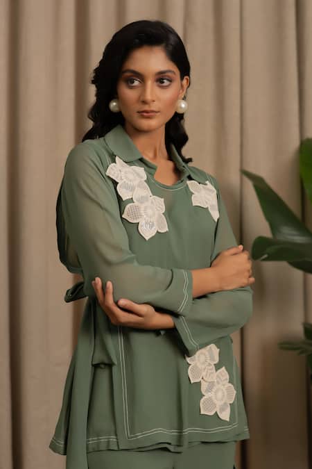 Shop_Vanshika Agarwal Label_Green Georgette Applique Collared Lancet Floral Shirt And Pant Set _Online_at_Aza_Fashions