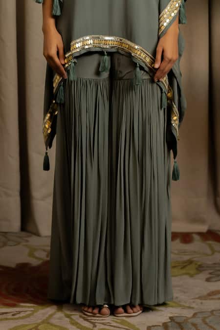 Vanshika Agarwal Label_Green Georgette, Crepe Tassels, Sequins, Ziva Embellished Tunic And Pant Set _Online_at_Aza_Fashions