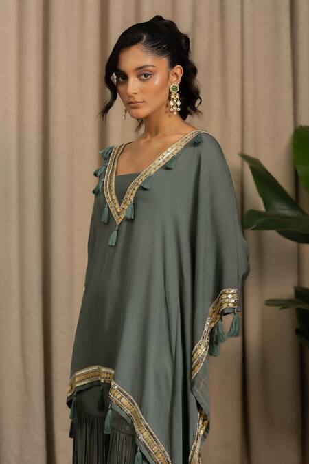 Buy_Vanshika Agarwal Label_Green Georgette, Crepe Tassels, Sequins, Ziva Embellished Tunic And Pant Set _Online_at_Aza_Fashions