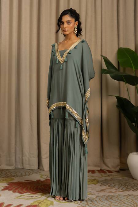 Shop_Vanshika Agarwal Label_Green Georgette, Crepe Tassels, Sequins, Ziva Embellished Tunic And Pant Set _Online_at_Aza_Fashions