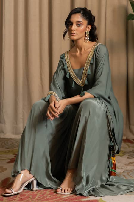 Vanshika Agarwal Label_Green Georgette, Crepe Tassels, Sequins, Ziva Embellished Tunic And Pant Set _at_Aza_Fashions