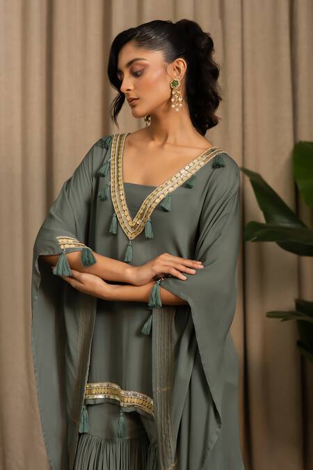 Buy_Vanshika Agarwal Label_Green Georgette, Crepe Tassels, Sequins, Ziva Embellished Tunic And Pant Set 