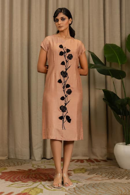 Vanshika Agarwal Label Beige Bemberg Applique Round Neck Liora Embroidered Floral Midi Dress 