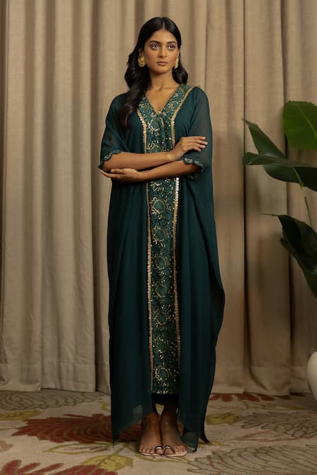 Vanshika Agarwal Label_Green Georgette Embroidery, Sequins V-neck Yani Kaftan _Online_at_Aza_Fashions