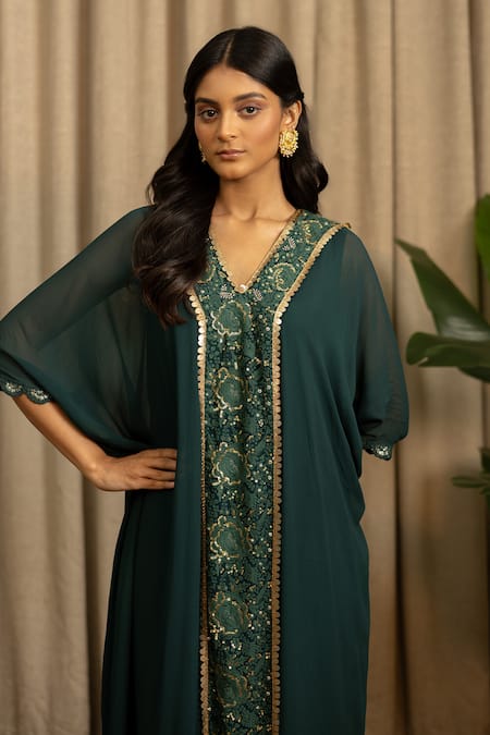 Buy_Vanshika Agarwal Label_Green Georgette Embroidery, Sequins V-neck Yani Kaftan _Online_at_Aza_Fashions