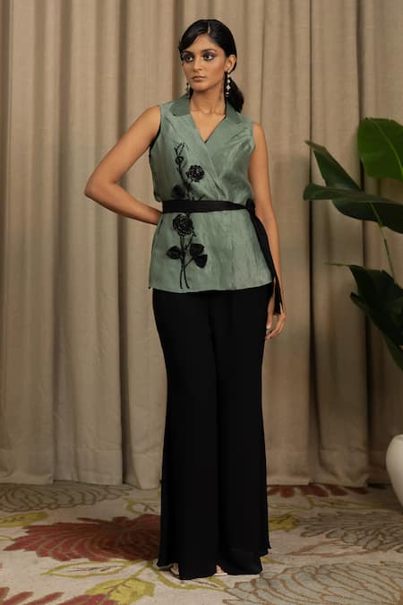 Vanshika Agarwal Label Green Georgette, Organza, Cotton Embroidery Raya Sleeveless Jacket And Pant Set 