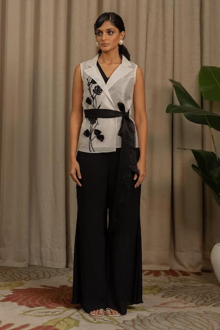 Buy_Vanshika Agarwal Label_White Organza, Cotton, Georgette Embroidery, Beads Raya Floral Jacket Set _Online_at_Aza_Fashions