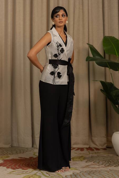 Shop_Vanshika Agarwal Label_White Organza, Cotton, Georgette Embroidery, Beads Raya Floral Jacket Set _Online_at_Aza_Fashions