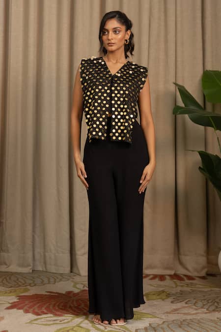 Vanshika Agarwal Label Black Organza, Cotton Sequins V-neck Sora Jacket, Inner And Pant Set 