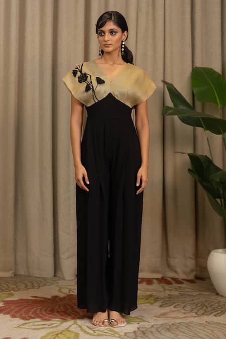Shop_Vanshika Agarwal Label_Black Organza, Georgette Embroidery, Beads V-neck Moco And Jumpsuit _Online_at_Aza_Fashions