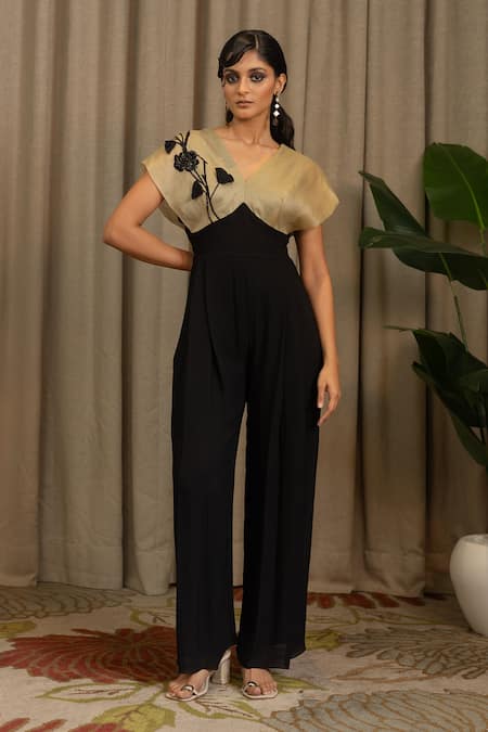 Vanshika Agarwal Label Black Organza, Georgette Embroidery, Moco And Jumpsuit With Floral Applique 