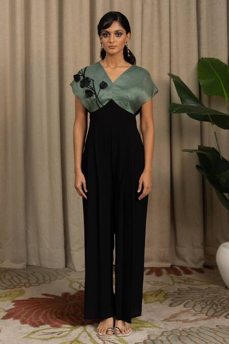 Shop_Vanshika Agarwal Label_Black Organza, Georgette Embroidery V-neck Moco Floral Applique Work Jumpsuit _Online_at_Aza_Fashions