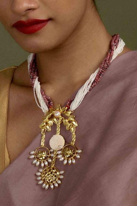 Hetal Shah Lotus Trio Lotus Motif Pearl Drop Necklace 