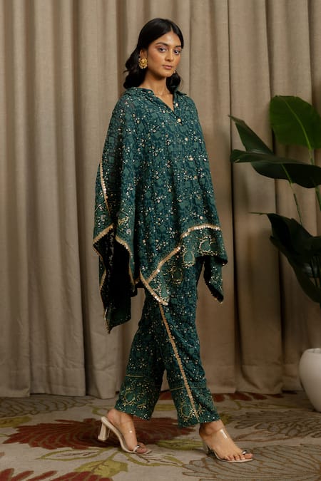 Vanshika Agarwal Label Green Georgette, Cotton Sequins, Embroidery Zuna Kaftan Top And Pant Set 