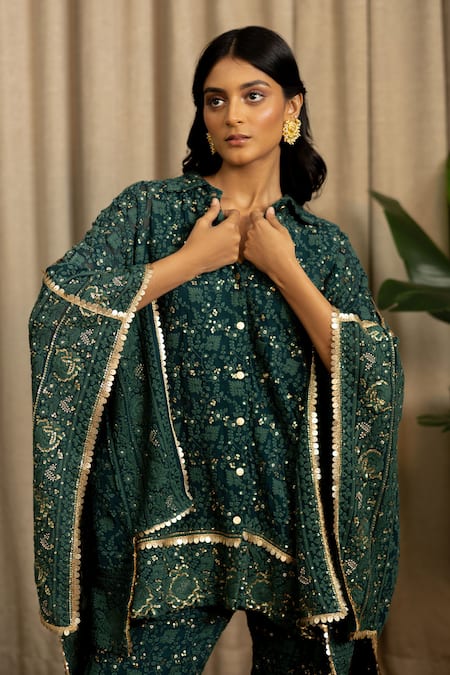 Buy_Vanshika Agarwal Label_Green Georgette, Cotton Sequins, Embroidery Zuna Kaftan Top And Pant Set _Online_at_Aza_Fashions