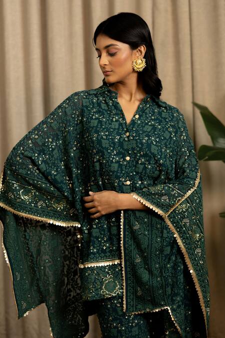 Shop_Vanshika Agarwal Label_Green Georgette, Cotton Sequins, Embroidery Zuna Kaftan Top And Pant Set _Online_at_Aza_Fashions