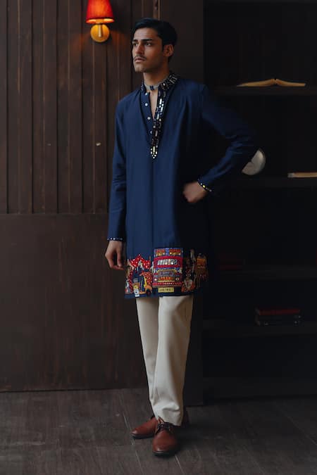 Twenty Nine Blue Cotton, Silk Embroidery, Mirrors, Beads Art Deco Motif Patchwork Kurta Set at Aza Fashions Twenty Nine_Blue Cotton, Silk Embroidery, Mirrors, Beads Art Deco Motif Patchwork Kurta Set _at_Aza_Fashions