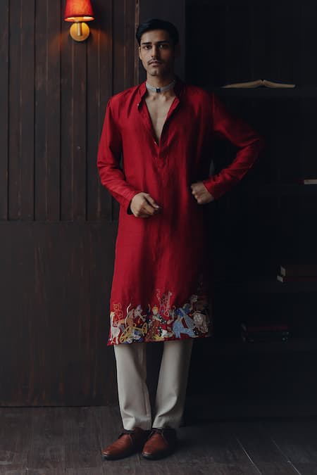 Shop_Twenty Nine_Burgundy Silk Embroidery, Mirrors, Beads Raasleela Patchwork Kurta Set _Online_at_Aza_Fashions