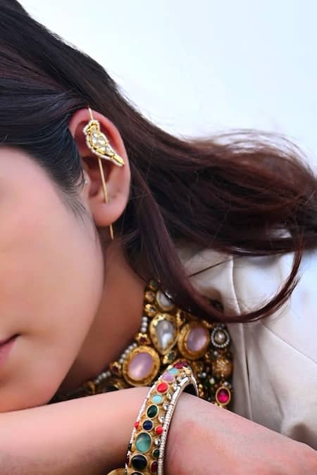 Amaara Jewels_Gold Plated Stones, Pearls Parinda Polki Bird Earcuffs _Online_at_Aza_Fashions