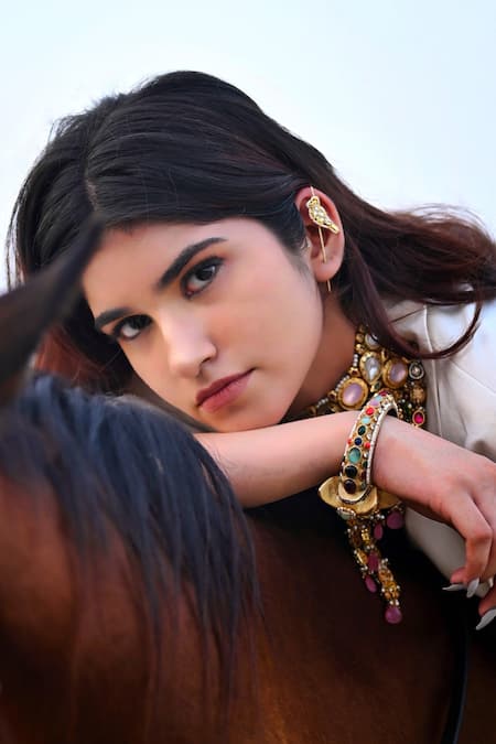 Buy_Amaara Jewels_Gold Plated Stones, Pearls Parinda Polki Bird Earcuffs _Online_at_Aza_Fashions