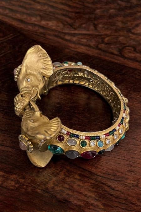 Shop Amaara Jewels Gold Plated Stones, Beads Hasti Ratna Matte Navratan Polki Elephant Bangle Online at Aza Fashions Shop_Amaara Jewels_Gold Plated Stones, Beads Hasti Ratna Matte Navratan Polki Elephant Bangle _Online_at_Aza_Fashions