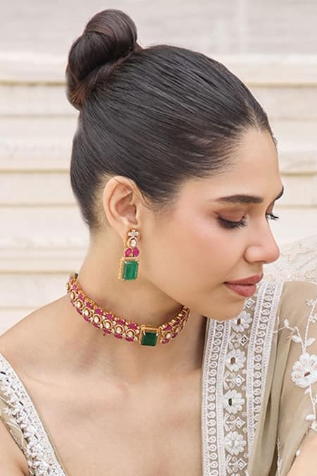 Buy_Amaara Jewels_Gold Plated Stones, Pearls Verde Noir Emerald Polki Choker Set _Online_at_Aza_Fashions
