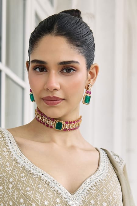 Amaara Jewels Verde noir Emerald Polki Choker Set 