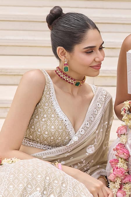 Buy_Amaara Jewels_Gold Plated Stones, Pearls Verde Noir Emerald Polki Choker Set 