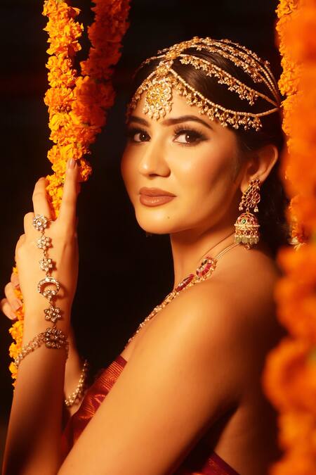 Buy_Amaara Jewels_Gold Plated And Pearl White Bridal Mathapatti _Online_at_Aza_Fashions