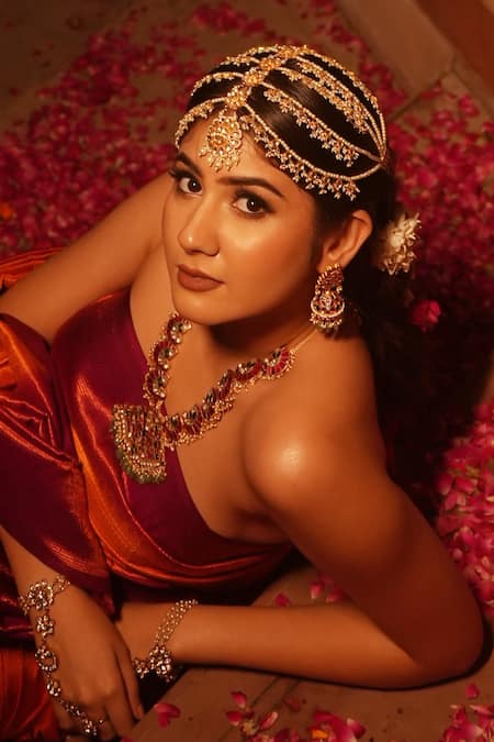 Amaara Jewels Gold & Pearl White Bridal Mathapatti 