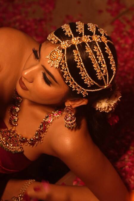 Amaara Jewels_Gold Plated And Pearl White Bridal Mathapatti _at_Aza_Fashions