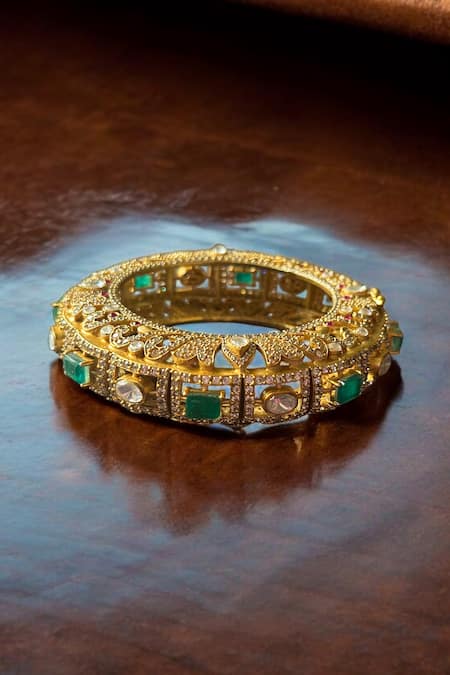 Shop_Amaara Jewels_Gold Plated Gemstones, Emerald Raj Embellished Bangle _at_Aza_Fashions