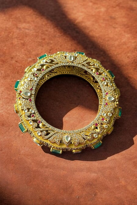 Amaara Jewels_Gold Plated Gemstones, Emerald Raj Embellished Bangle _Online_at_Aza_Fashions