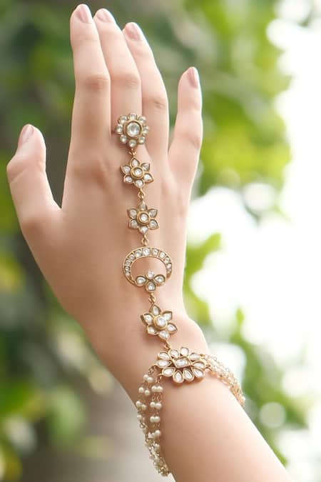 Amaara Jewels Gold Plated Pearls, Stones Palmira Floral And Crescent Haathphool Online at Aza Fashions Amaara Jewels_Gold Plated Pearls, Stones Palmira Floral And Crescent Haathphool _Online_at_Aza_Fashions