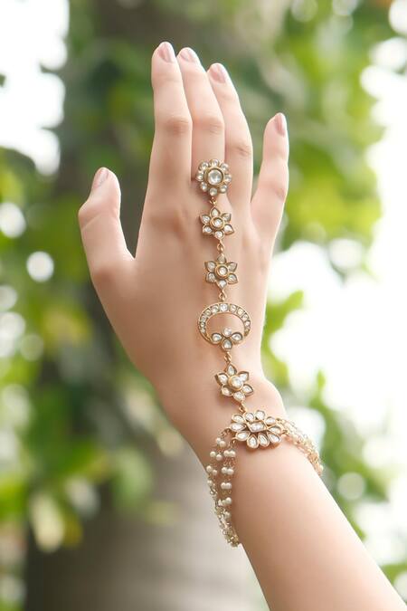 Buy Amaara Jewels Gold Plated Pearls, Stones Palmira Floral And Crescent Haathphool Online at Aza Fashions Buy_Amaara Jewels_Gold Plated Pearls, Stones Palmira Floral And Crescent Haathphool _Online_at_Aza_Fashions