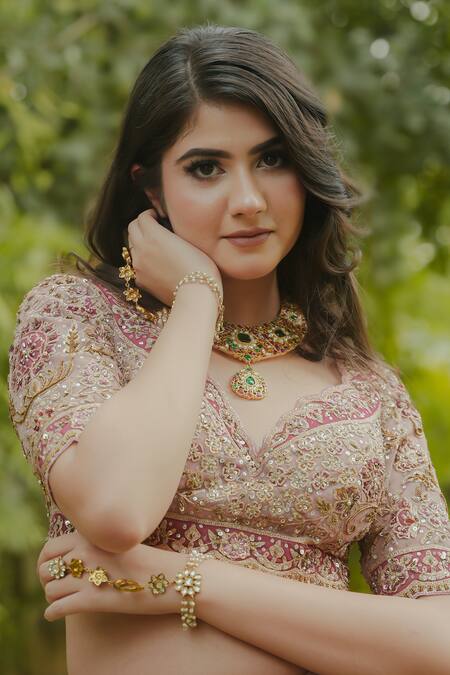 Shop_Amaara Jewels_Gold Plated Pearls, Stones Palmira Floral And Crescent Haathphool _Online_at_Aza_Fashions