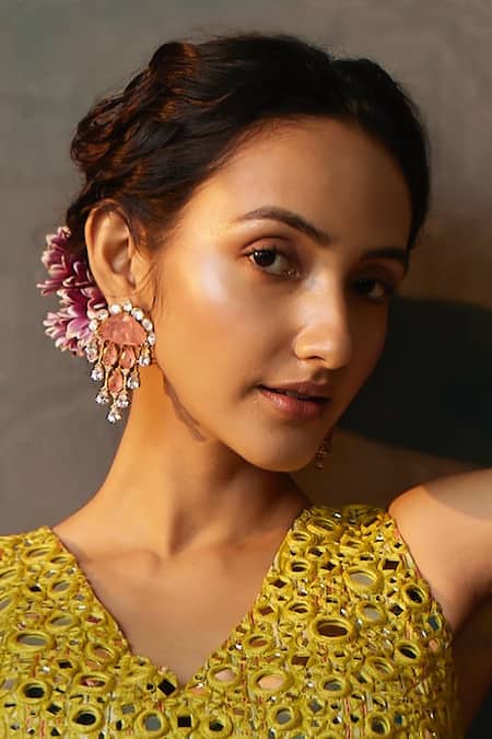 Buy_Amaara Jewels_Peach Stones, Crystals Coralline Drops And Clear Earrings _Online_at_Aza_Fashions